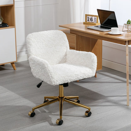 Silla de oficina con pelo artificial de conejo y base de metal dorado, ajustable, giratoria y de tocador.