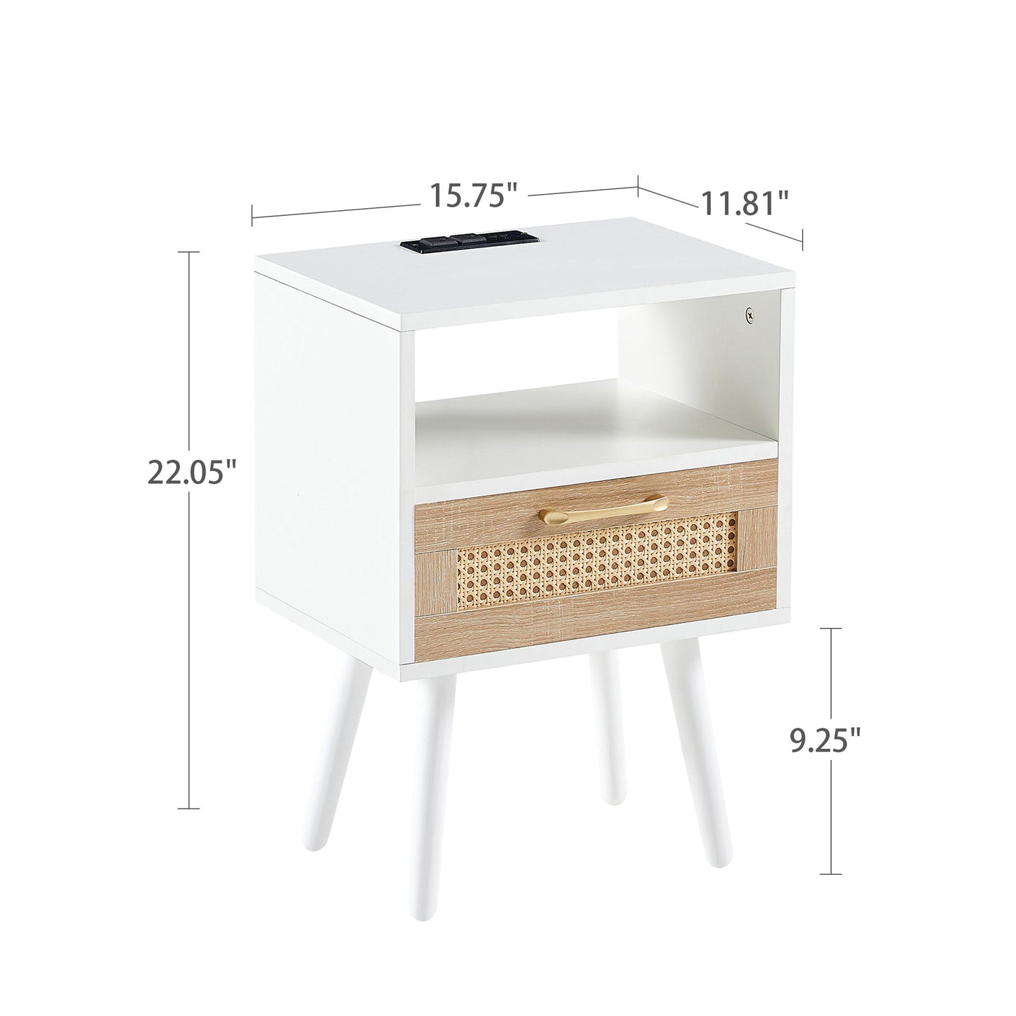 Mesa auxiliar de ratán de 40 cm con toma de corriente y puertos USB, mesita de noche moderna con cajón y patas de madera maciza, mesa auxiliar para sala de estar y dormitorio.