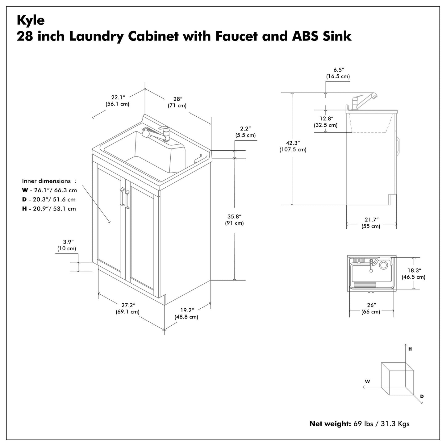 Kyle - Mueble de lavandería, grifo y fregadero de acero inoxidable