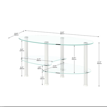 Transparent Oval Glass Coffee Table, Modern Table In Living Room Oak Wood Leg Tea Table 3-Layer Glass Table