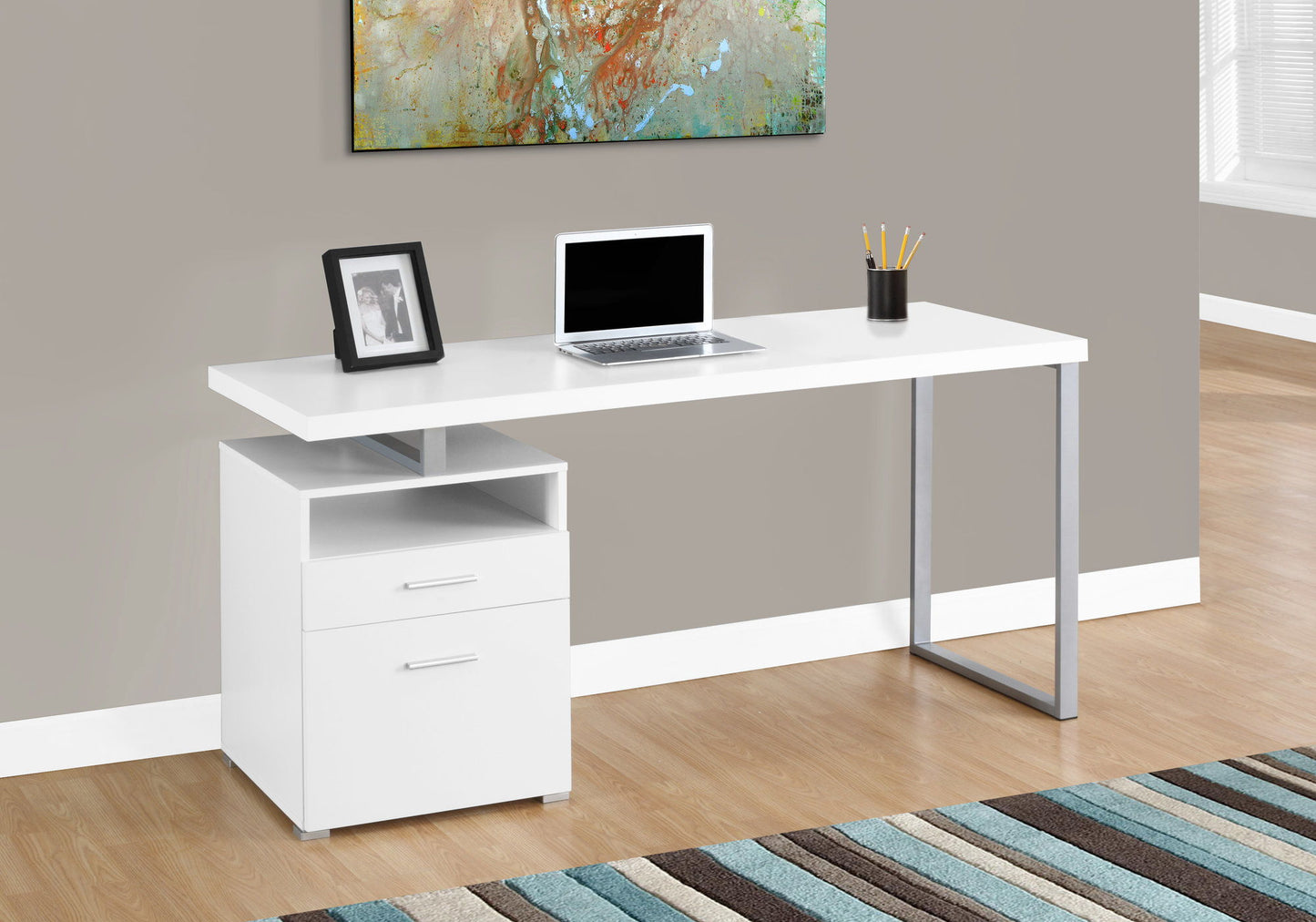 Escritorio para computadora de oficina en casa, portátil, configuración izquierda-derecha, cajones de almacenamiento, contemporáneo y moderno.