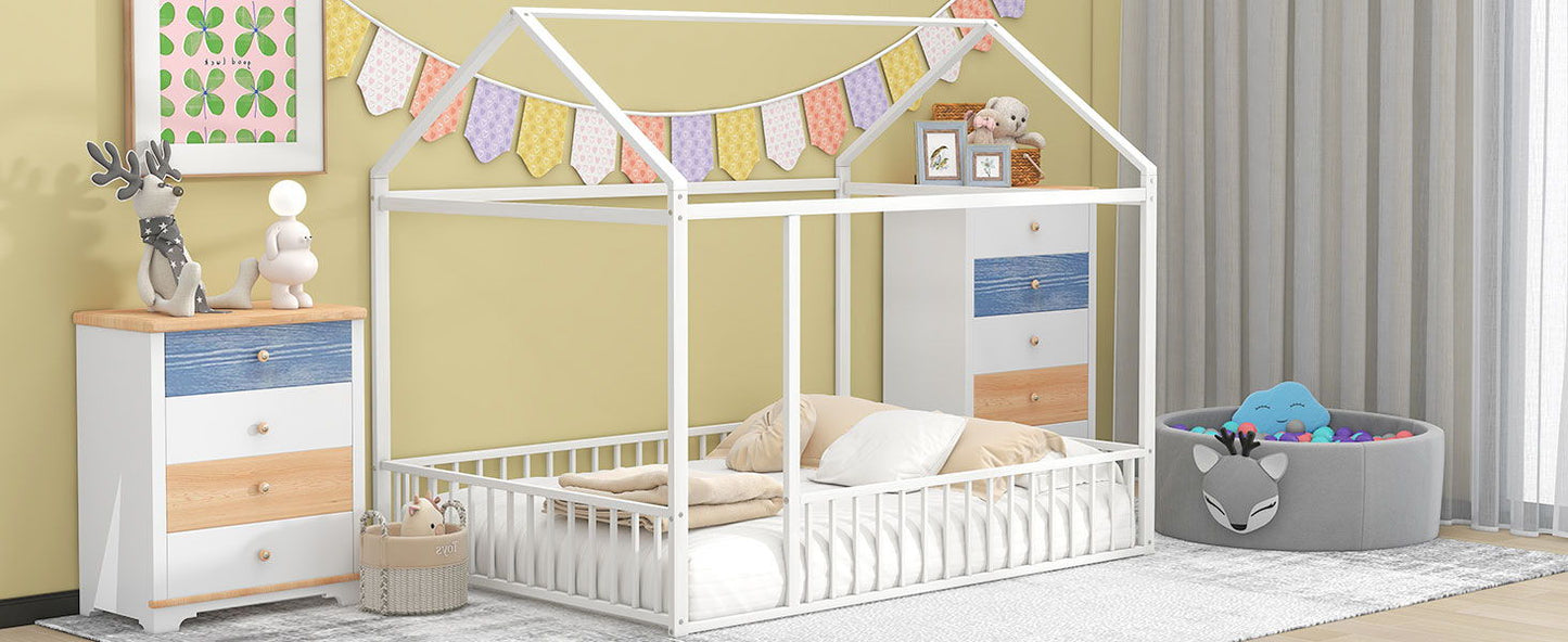 Cama de metal con estructura de cama y valla
