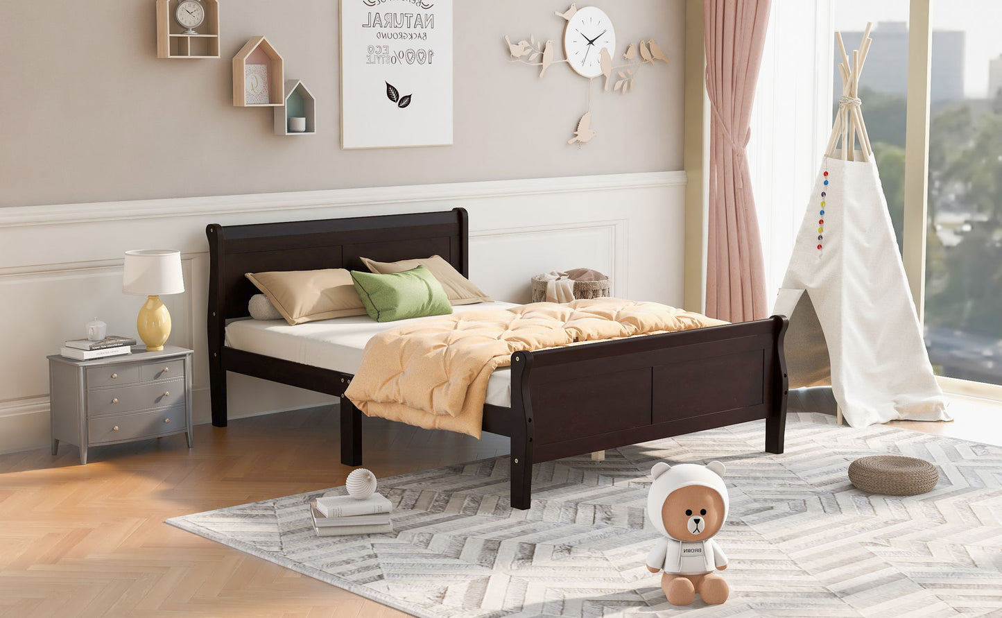 Platform Bed Frame Mattress Foundation Sleigh Bed With Headboard / Footboard / Wood Slat Suppor