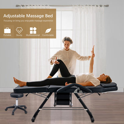 Sillón de masajes para tatuajes de 183 cm con dos bandejas, camilla de esteticista con taburete hidráulico, mesa facial multiusos de 3 secciones, equipo de belleza ajustable para barbería, spa y belleza.