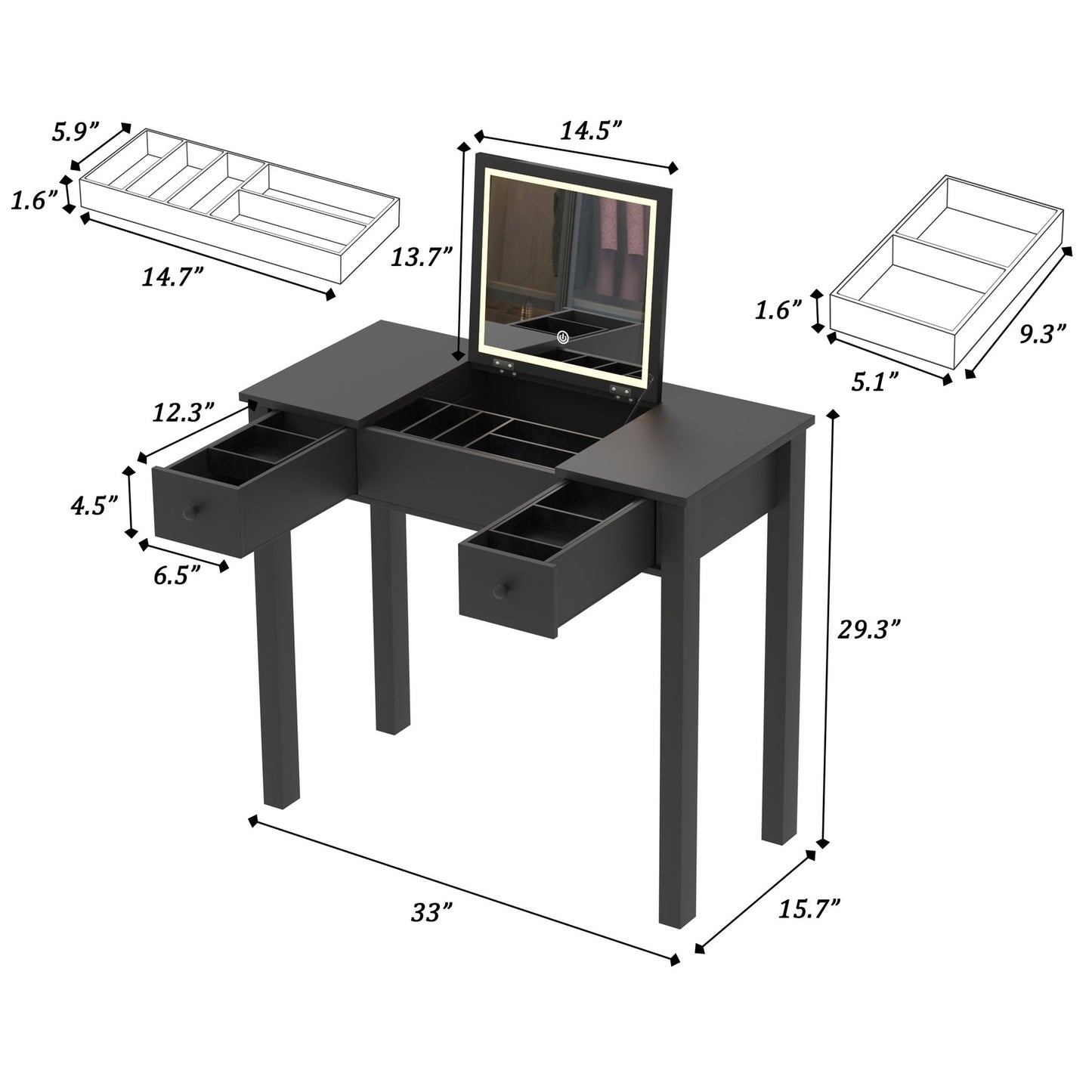 Vanity Table With LED Lights, Flip-Top Mirror And 2 Drawers, Jewelry Storage