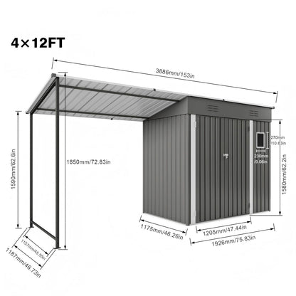 Lean To Shed With Open Sided Pergola, Outdoor Storage Shed & Attached Hardtop Gazebo Combo - Gray