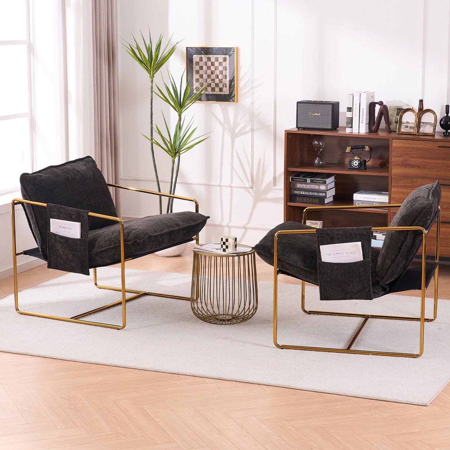 Sillón colgante tapizado con bolsillos para brazos, estructura de metal (juego de 2), acabado dorado, cojines de espuma triturada y tejido agradable para la piel, ideal para sala de estar y dormitorio.