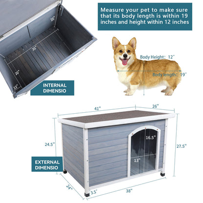 Caseta para perro de madera mediana para exterior, techo impermeable, suelo elevado y patas de plástico ajustables.