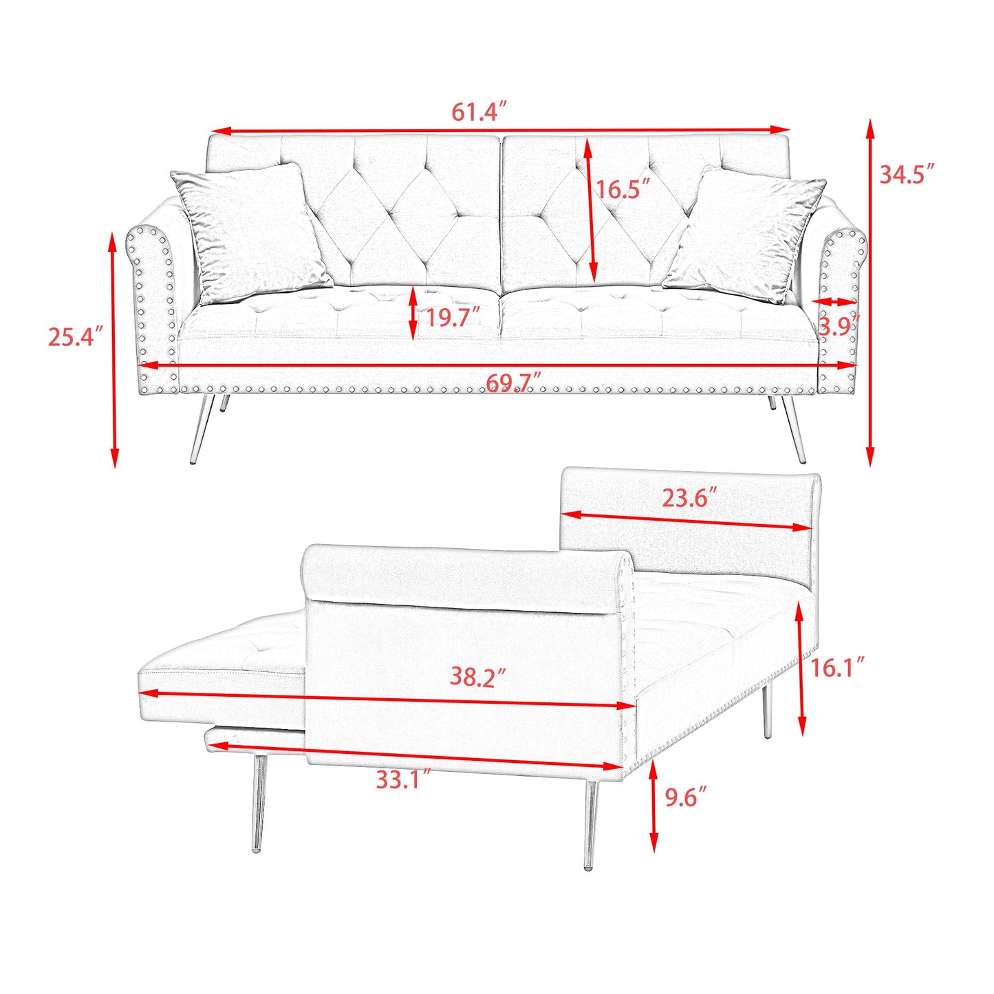 Luxurious Sofa Bed With Nail Head Trim And Matching Pillow