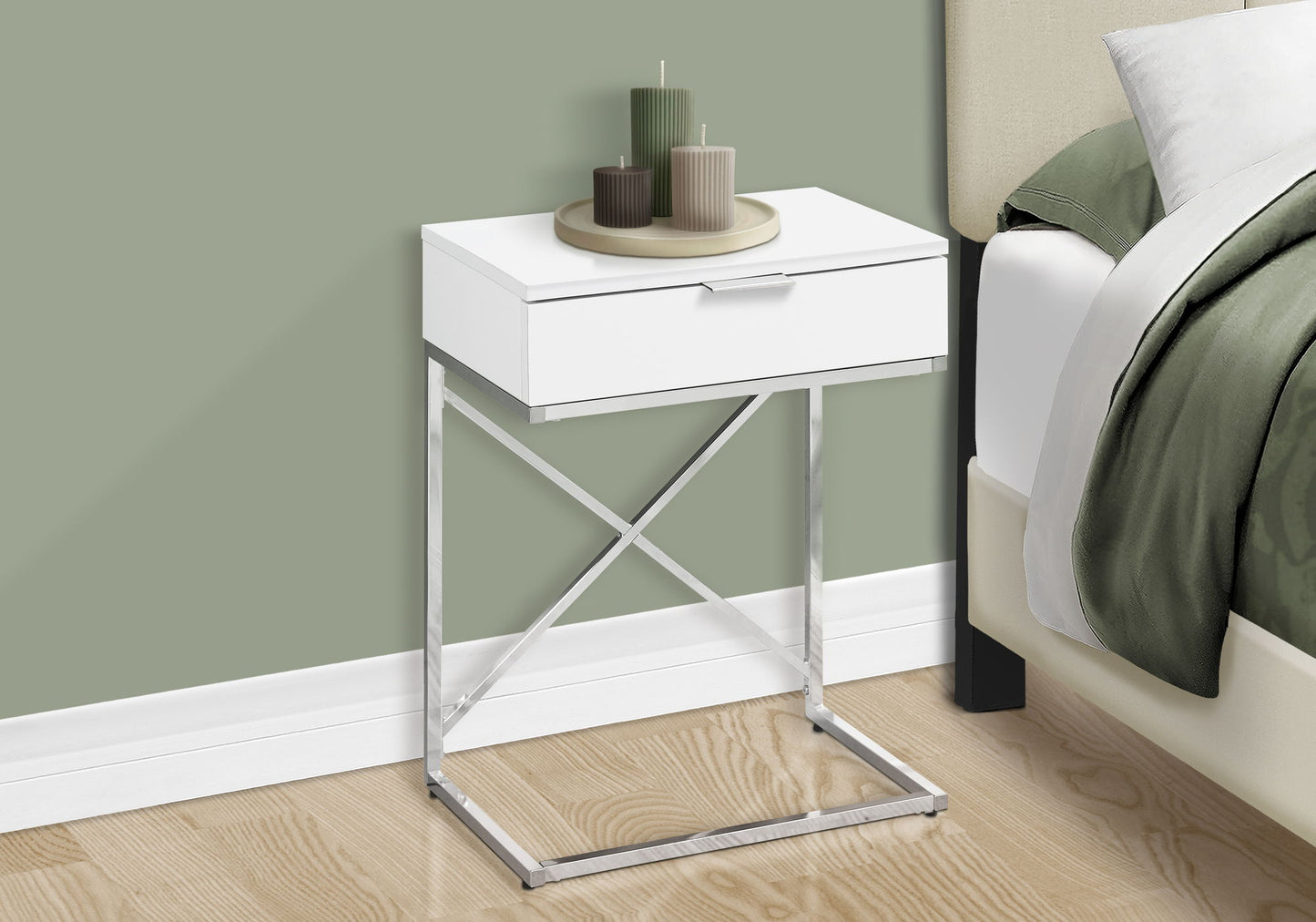 Mesa auxiliar con cajón, amplia superficie, contemporánea y moderna.
