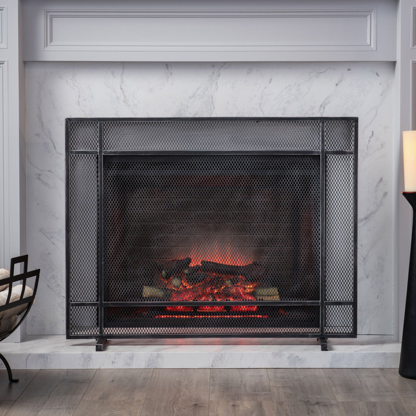 Markus - Modern Single Panel Iron Firescreen Black Brushed Silver