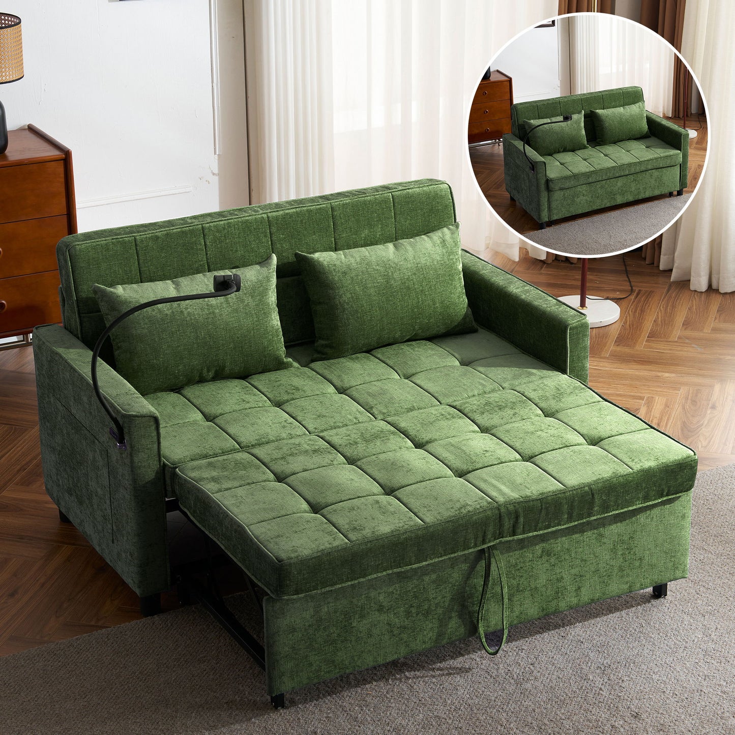 Loveseat Sofa Bed Sleeper With Reversible Backrest, Side Pockets, USB Ports, Phone Holder