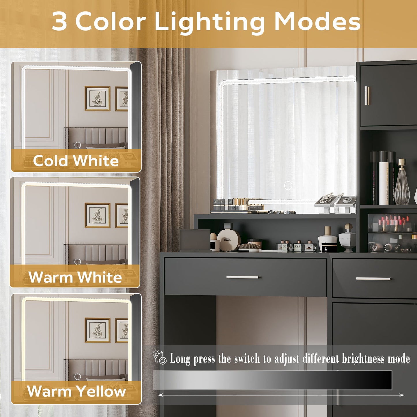 Tocador con espejo y tira de luz LED, tocador con cajón grande, 3 niveles de almacenamiento y 3 modos de iluminación con brillo ajustable, ideal para dormitorio.