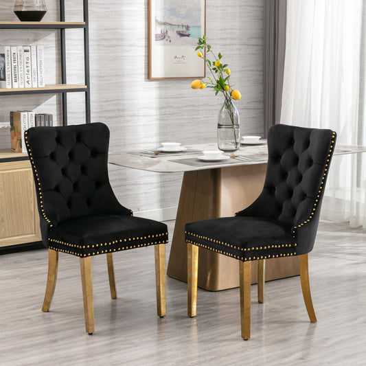 Nikki - Silla de comedor moderna y de alta gama, de madera maciza capitoné, tapizada en terciopelo, con patas de acero inoxidable dorado y ribete de tachuelas (juego de 2)