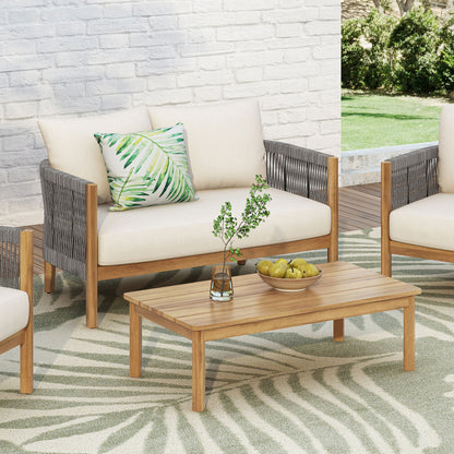 2 Pieces Outdoor Acacia Furniture Set, Woven Rope Outdoor Patio Loveseat, 2 Seat Deep Seating Group With Cushions And Coffee Table For Porch - Teak / Gray / Beige