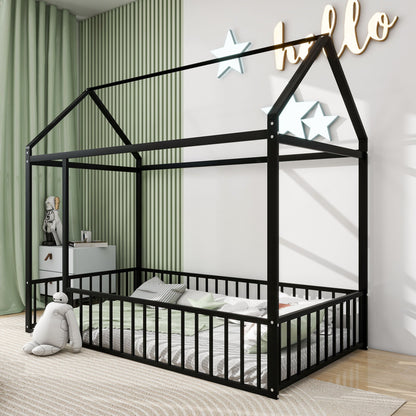 Cama de metal con estructura de cama y valla