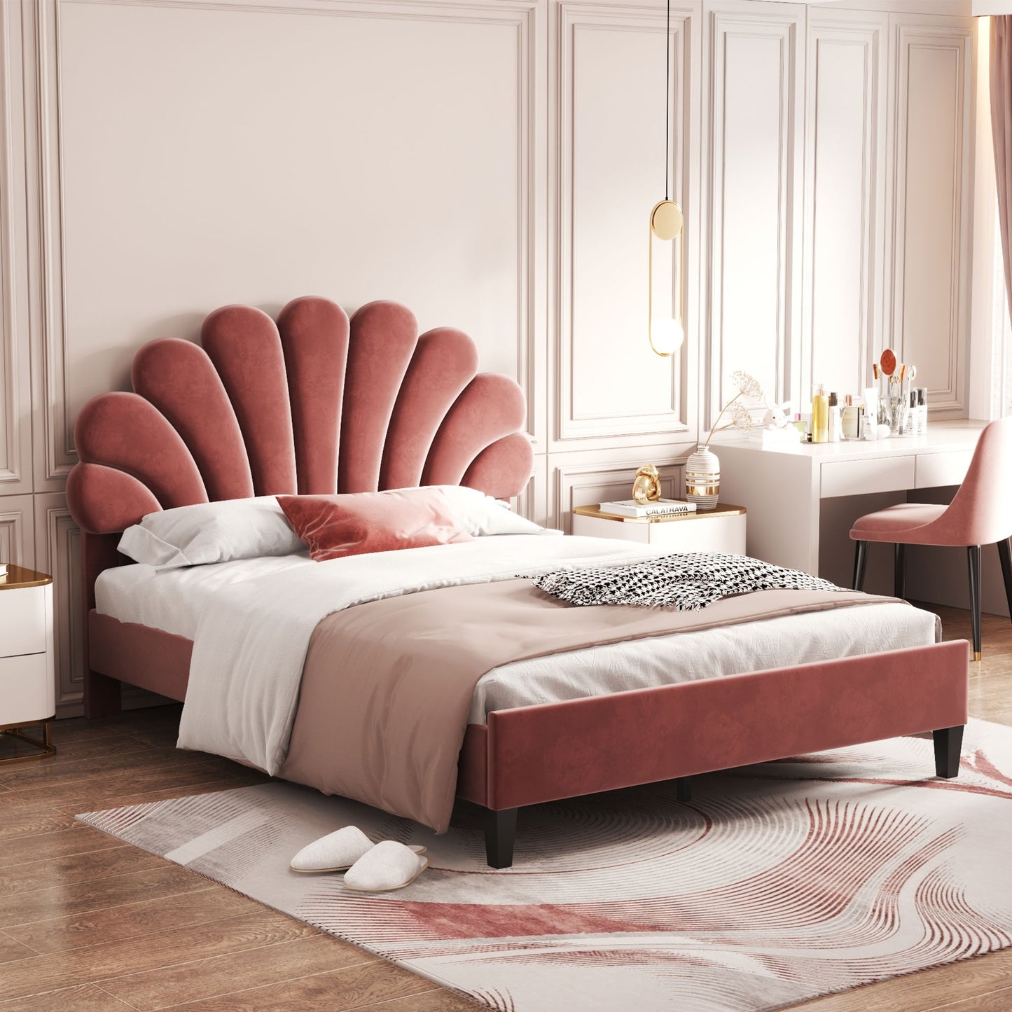 Cama de plataforma tapizada con cabecero de terciopelo con estampado floral