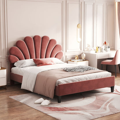 Cama de plataforma tapizada con cabecero de terciopelo con estampado floral