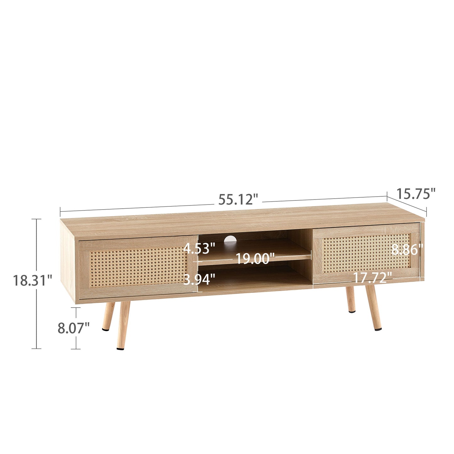 Mueble de TV de ratán de 140 cm con puertas corredizas dobles para almacenamiento, estante ajustable y patas de madera maciza. Consola de TV para sala de estar.