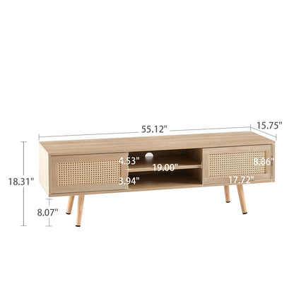 Mueble de TV de ratán de 140 cm con puertas corredizas dobles para almacenamiento, estante ajustable y patas de madera maciza. Consola de TV para sala de estar.