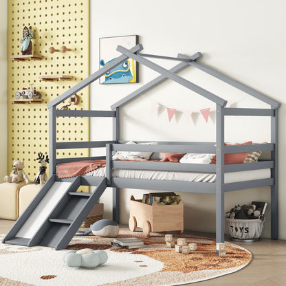 Cama tipo loft con tobogán, escalera, barandillas de seguridad y estructura de techo.