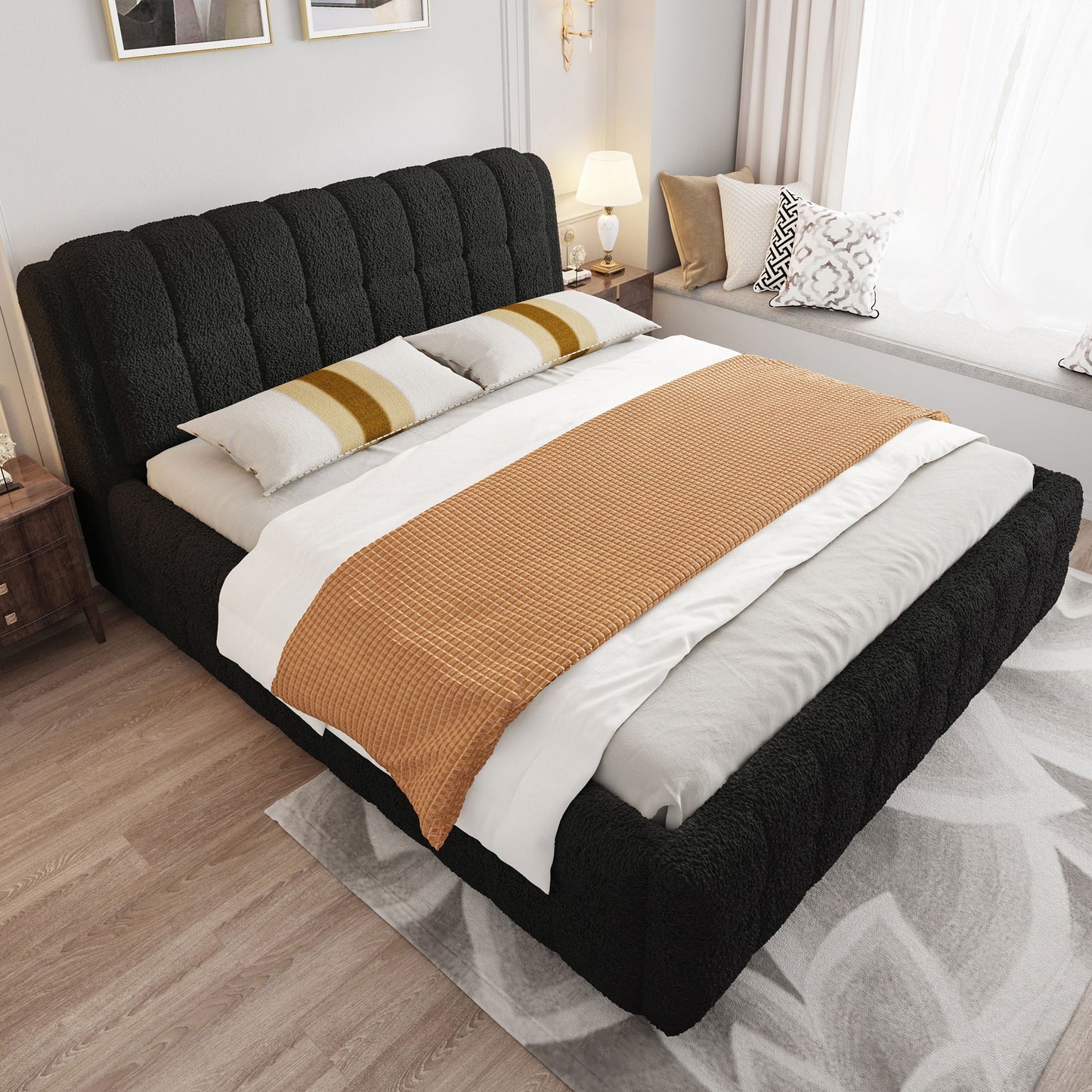 Upholstered Platform Bed With Stitching Details