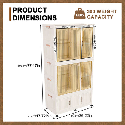 Portable Wardrobe Closet Storage Organizer For Clothes, 9 Magnetic Doors With 9 Cubes & 2 Hanging Rods, 6 Hangers - Cream White