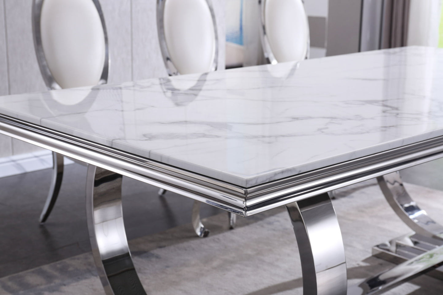 Modern Rectangular Marble Printing Dining Table, Double U Shape Stainless Steel Base With Mirrored Finish