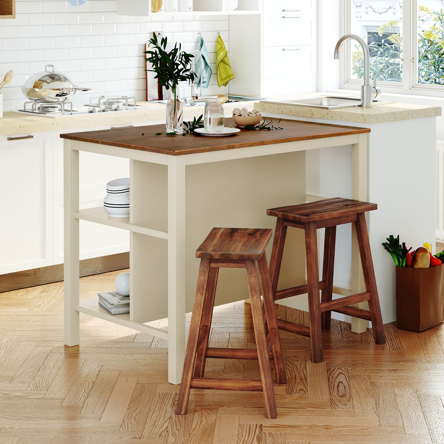 Rustic 3 Piece Stationary Kitchen Island Set With 2 Seatings, With 2 Open Shelves