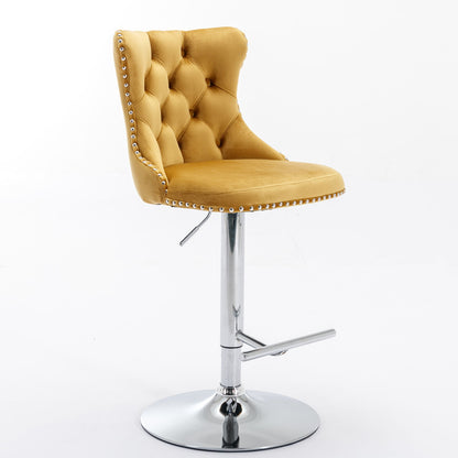 Taburetes giratorios de terciopelo con altura de asiento ajustable de 63 a 84 cm. Modernos taburetes de bar con base cromada y tapizados, cómodos y capitoné para el hogar, el pub y la isla de cocina (juego de 2).
