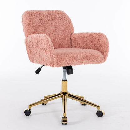Silla de oficina con pelo artificial de conejo y base de metal dorado, ajustable, giratoria y de tocador.