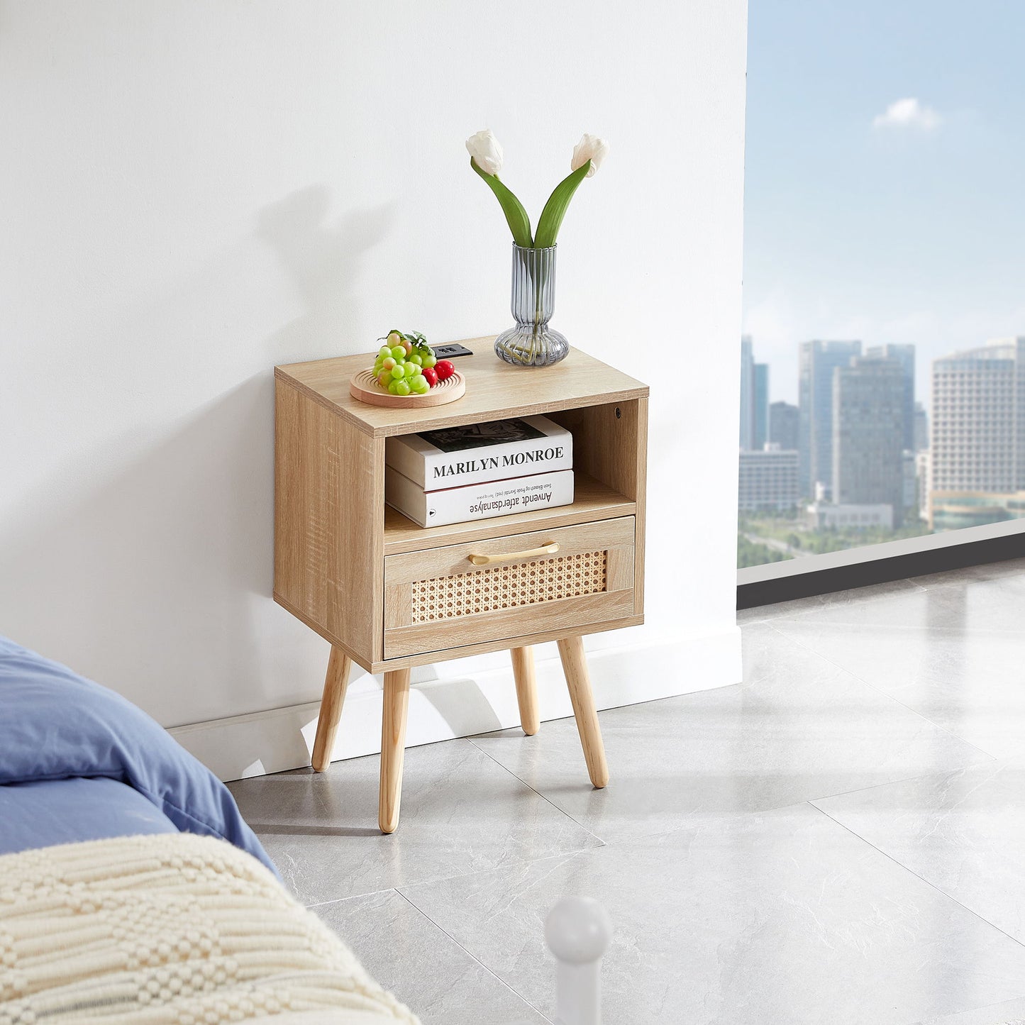 Mesa auxiliar de ratán de 40 cm con toma de corriente y puertos USB, mesita de noche moderna con cajón y patas de madera maciza, mesa auxiliar para sala de estar y dormitorio.