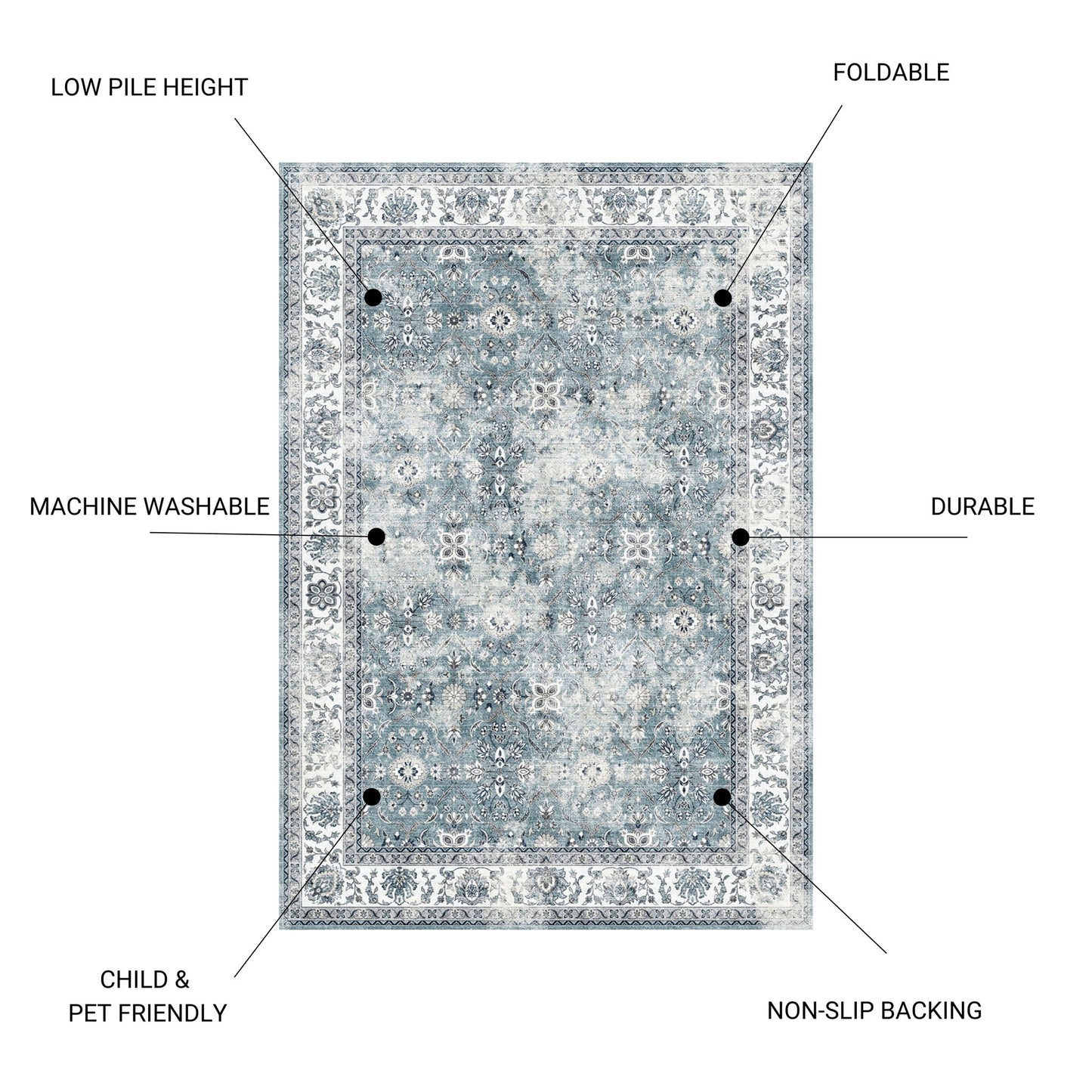 Toucan - 5' X 7' Washable Non - Slip Area Rug, Elegant Design - Silver