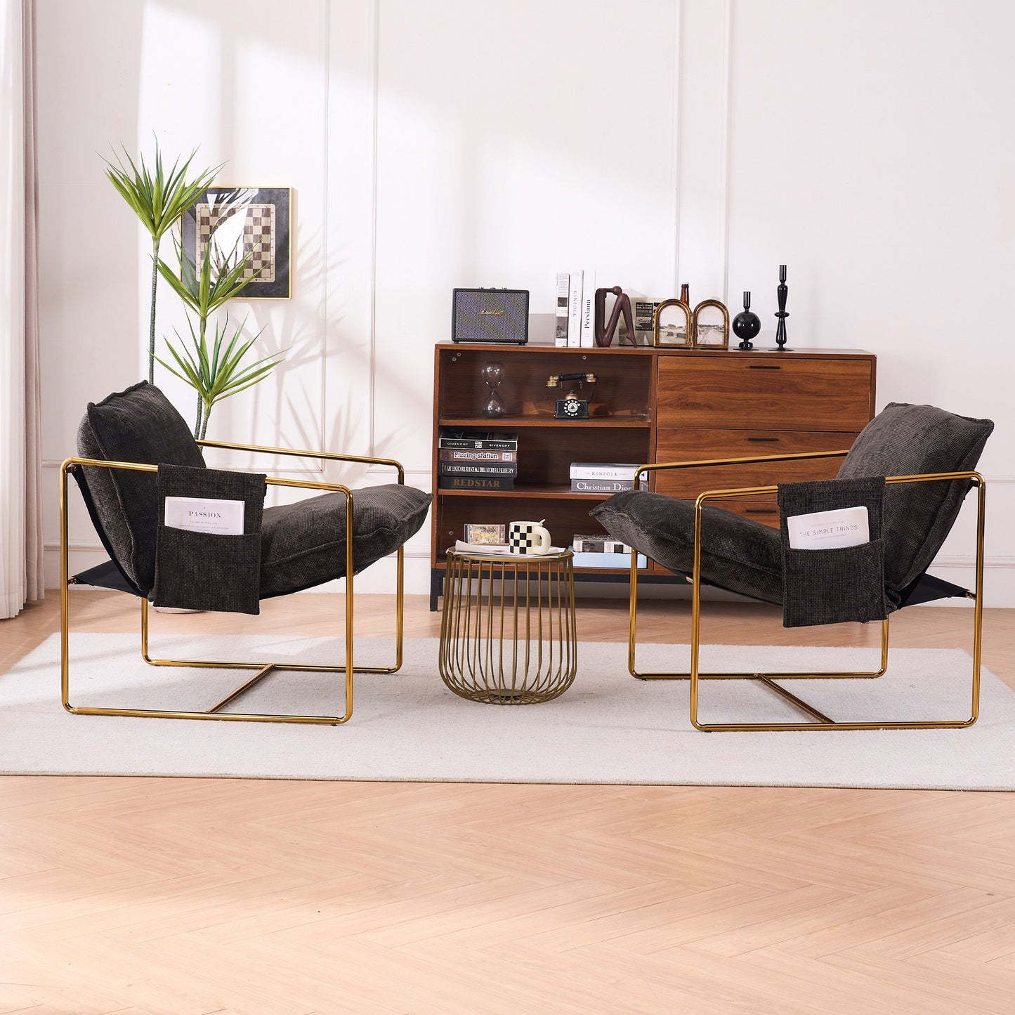 Sillón colgante tapizado con bolsillos para brazos, estructura de metal (juego de 2), acabado dorado, cojines de espuma triturada y tejido agradable para la piel, ideal para sala de estar y dormitorio.
