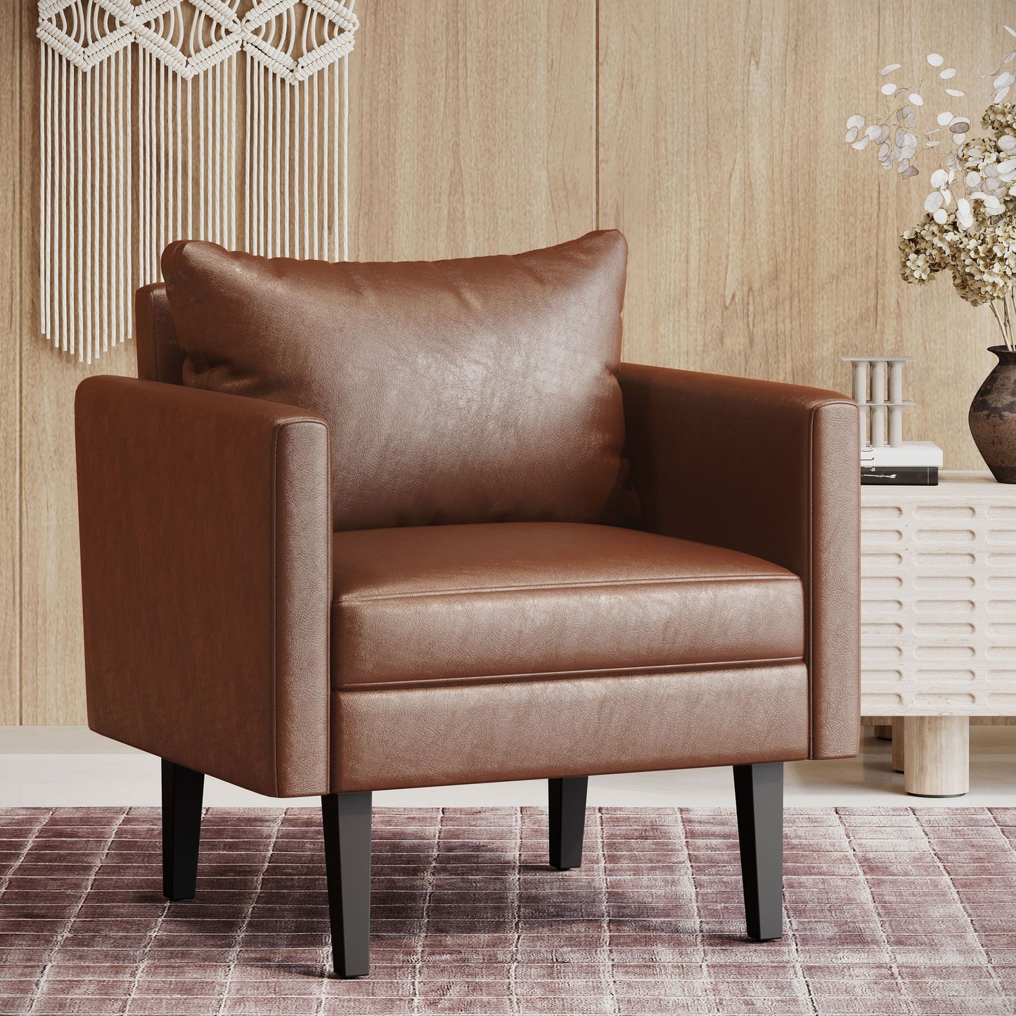 Faux Leather Club Chair With Birch Tapered Legs - Light Brown