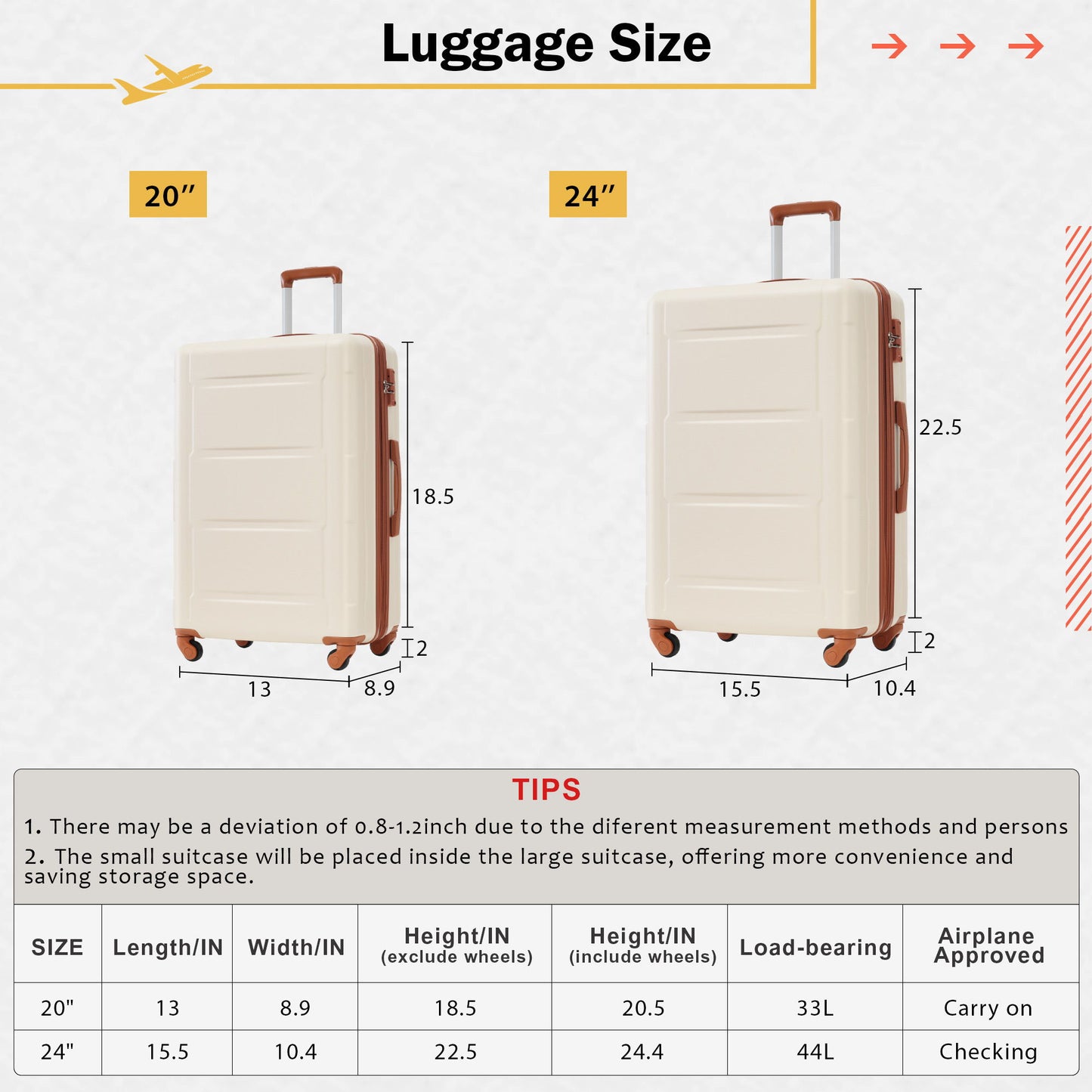 Juego de 2 maletas con ruedas giratorias extensibles, maleta ligera de ABS con cerradura TSA de 20"/24"