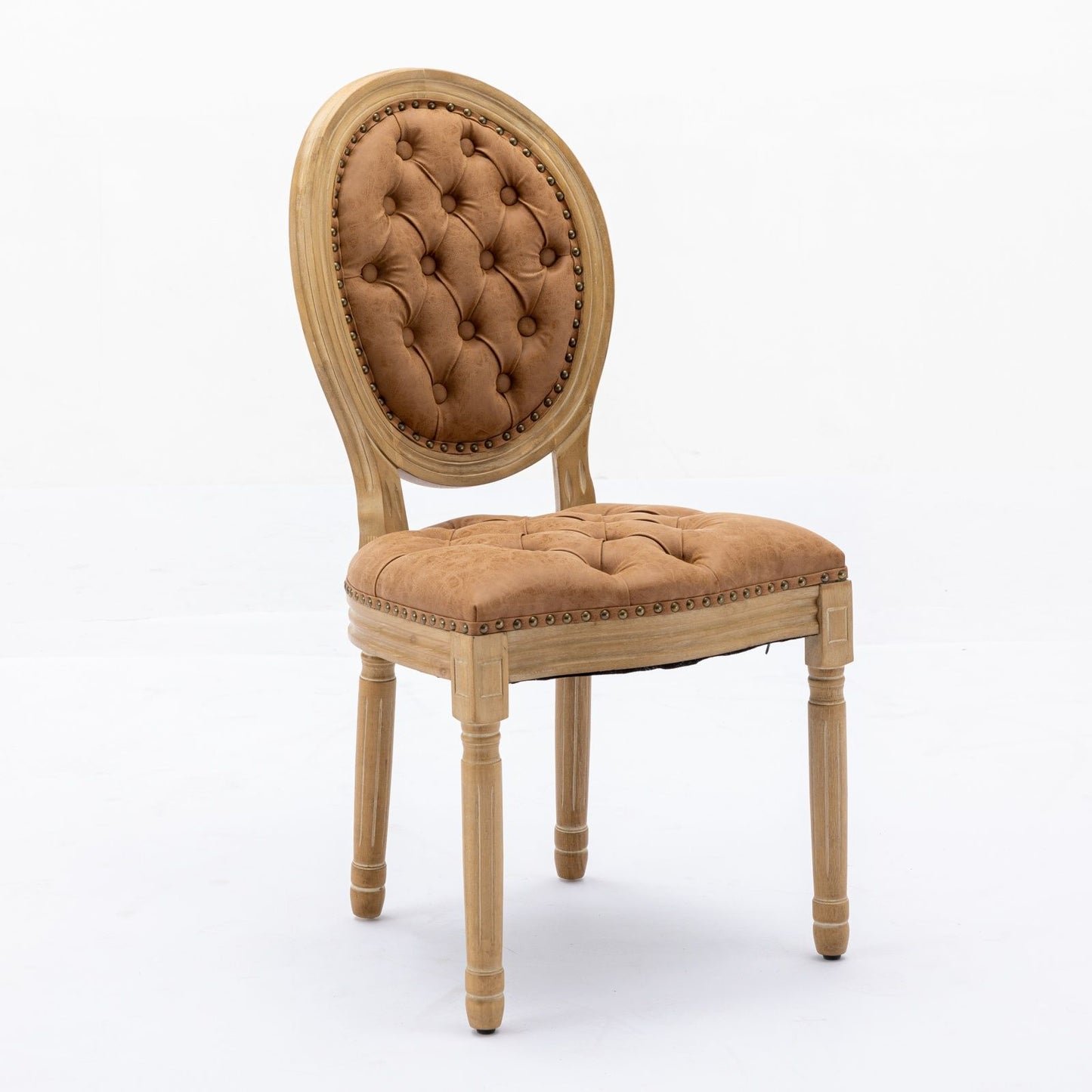 Silla de comedor de estilo francés con marco de madera maciza, pintura antigua, hebillas hechas a mano, cuero sintético de PU, ribete de tachuelas y patas de madera.