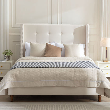 Peyton - Cama tapizada con cabecera de 137 cm de alto y capitoné tradicional abotonado a mano