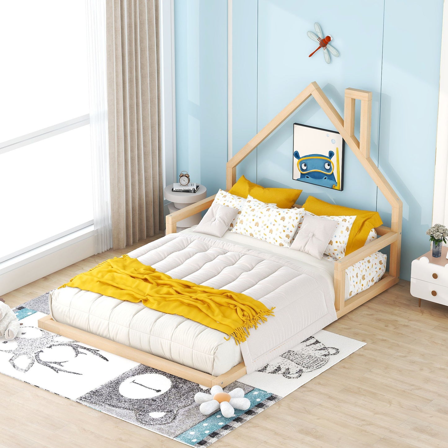 Elegant Floor Bed With House Shaped Headboard