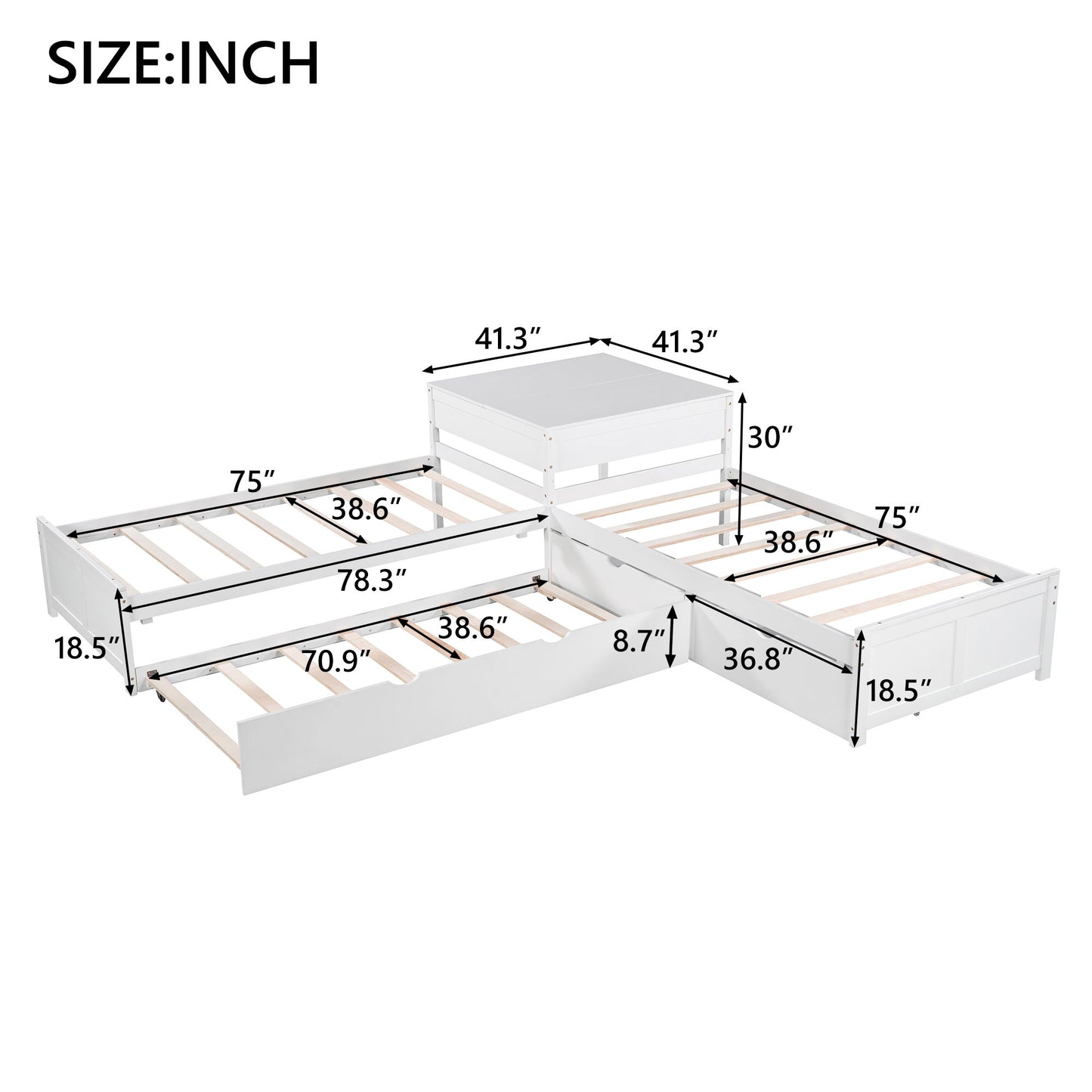L Shaped Platform Bed With Trundle And Drawers Linked With Built In Desk