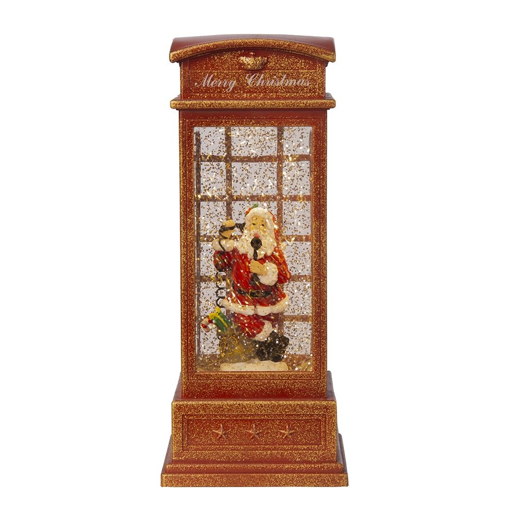 Christmas Lighted Water Spinning Phone Booth With Santa On Phone, 3*AA Batteries Required - White / Red