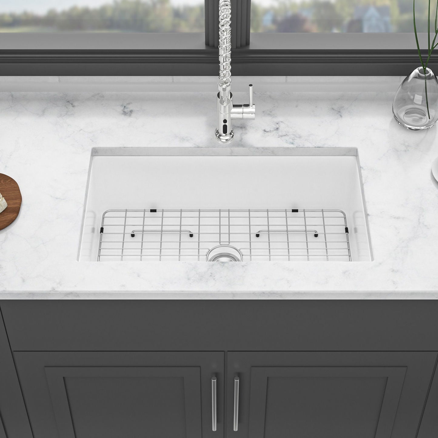 Elegant Farmhouse Apron Front Ceramic Single Bowl, Kitchen Basin