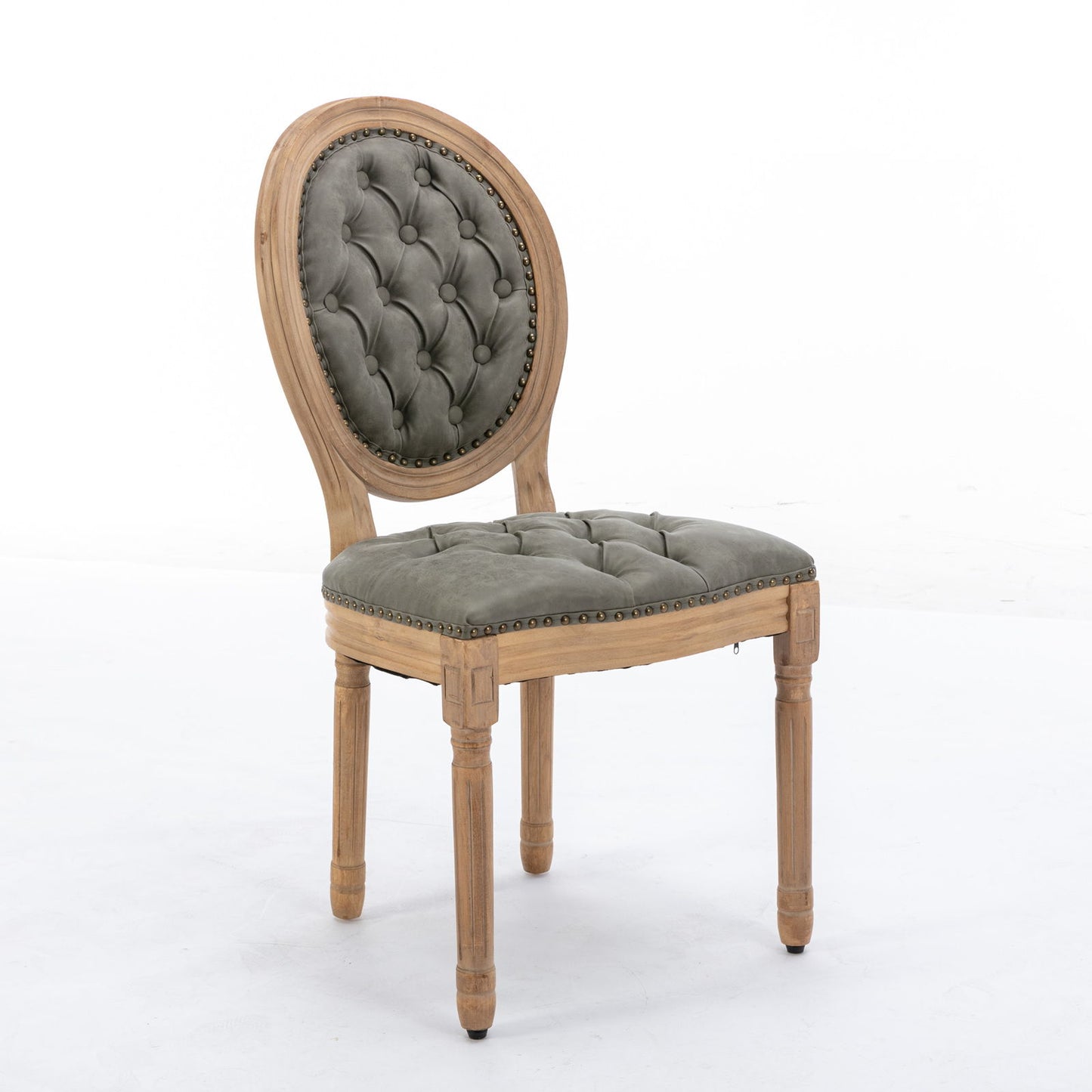 Silla de comedor de estilo francés con marco de madera maciza, pintura antigua, hebillas hechas a mano, cuero sintético de PU, ribete de tachuelas y patas de madera.