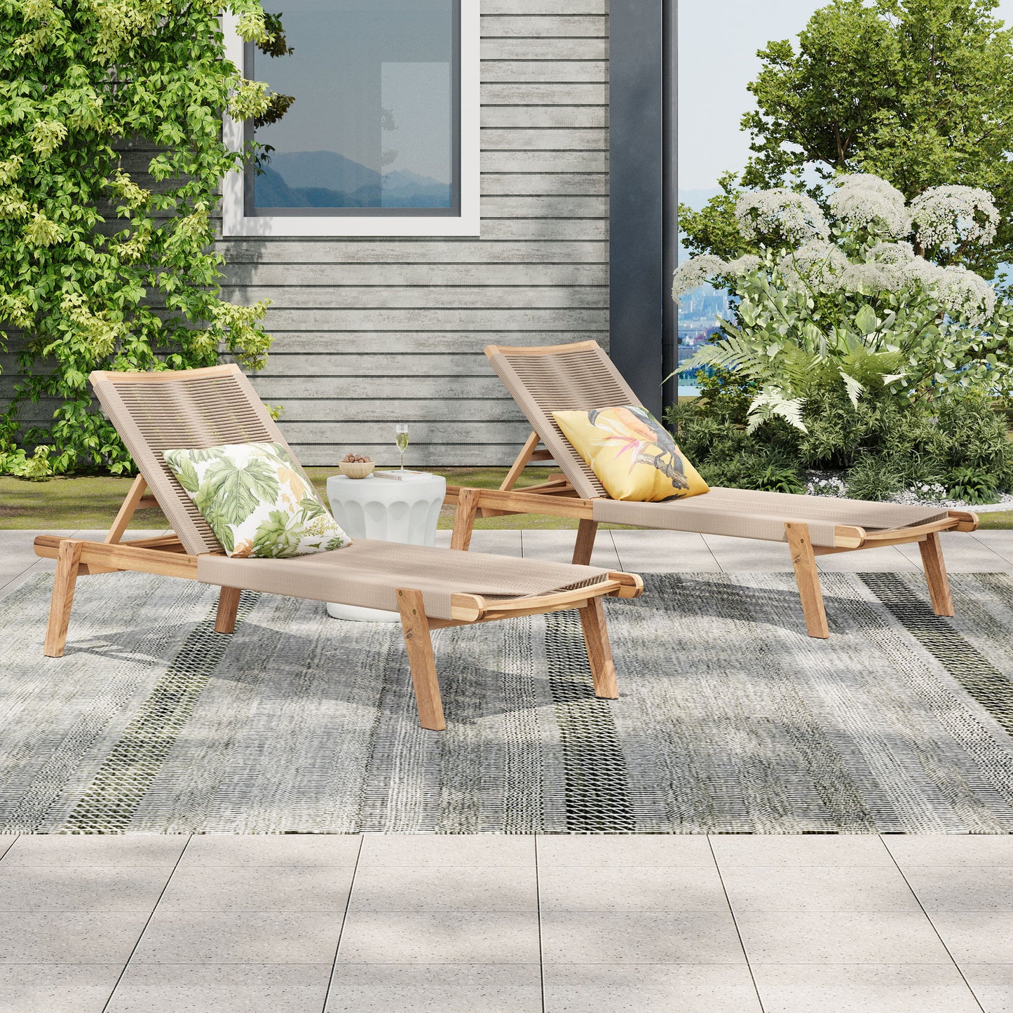 Catania - Outdoor Rope Chaise Lounge (Set of 2) - Teak / Beige
