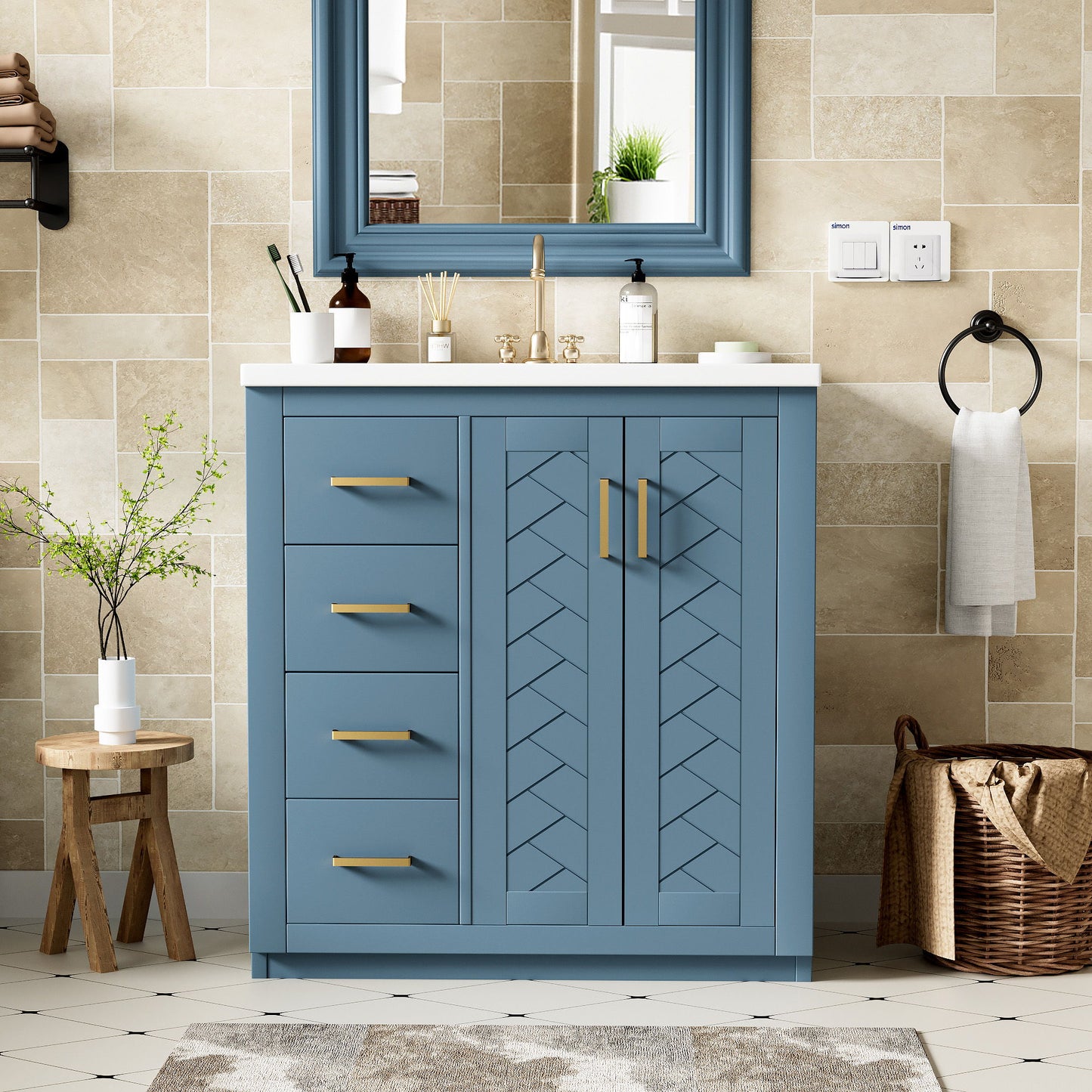 Ceramic Sink Combo, Freestanding Vanity Set With 3 Drawers & Soft Closing Doors