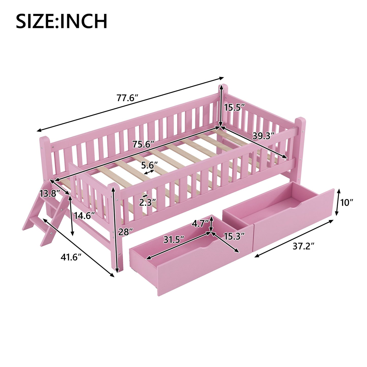 Platform Bed With Guardrail And 2 Drawers