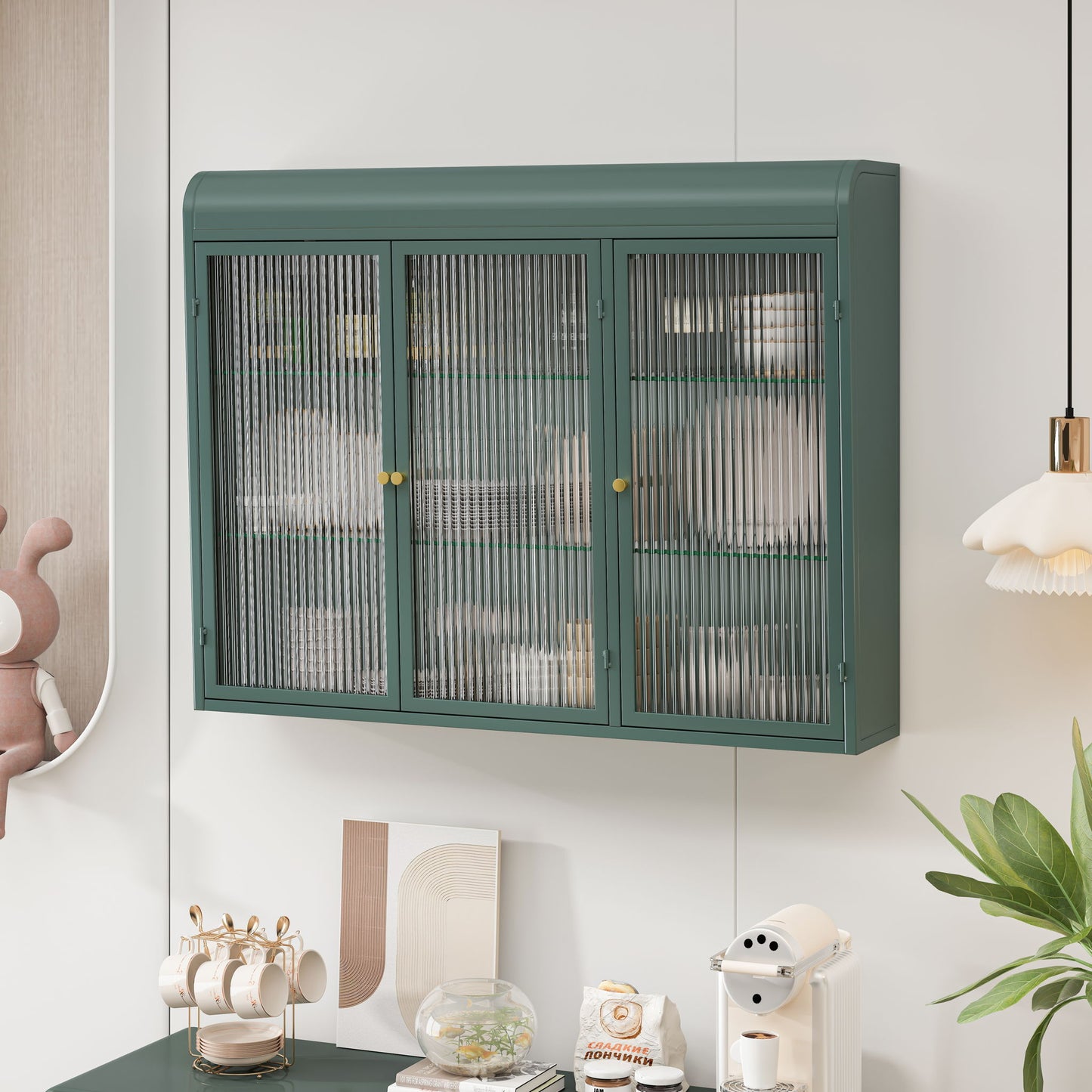 Arched Wall Mounted Cabinet, 3 Door Storage For Kitchen - Dark Green