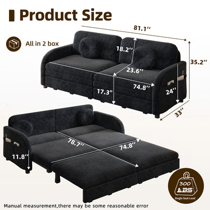 Upholstered Pull Out Couch With Side Pocket & USB Port