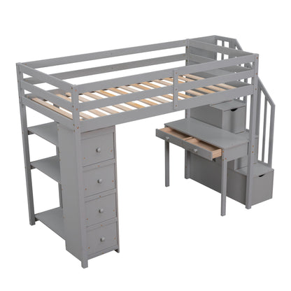 Loft Bed With Storage Drawers, Desk And Stairs With Shelves