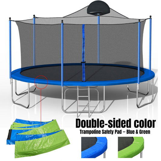 Trampolín de 4,2 m para adultos y niños con aro de baloncesto. Trampolines de exterior con escalera y red de seguridad para niños y adultos. Cubierta de color de doble cara (azul).